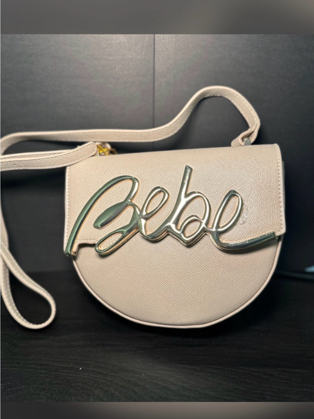 bebe Gabriel Taupe Saddle Crossbody Bag with Script Logo
